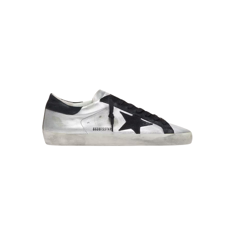 Golden Goose Super-Star masculino de couro prateado