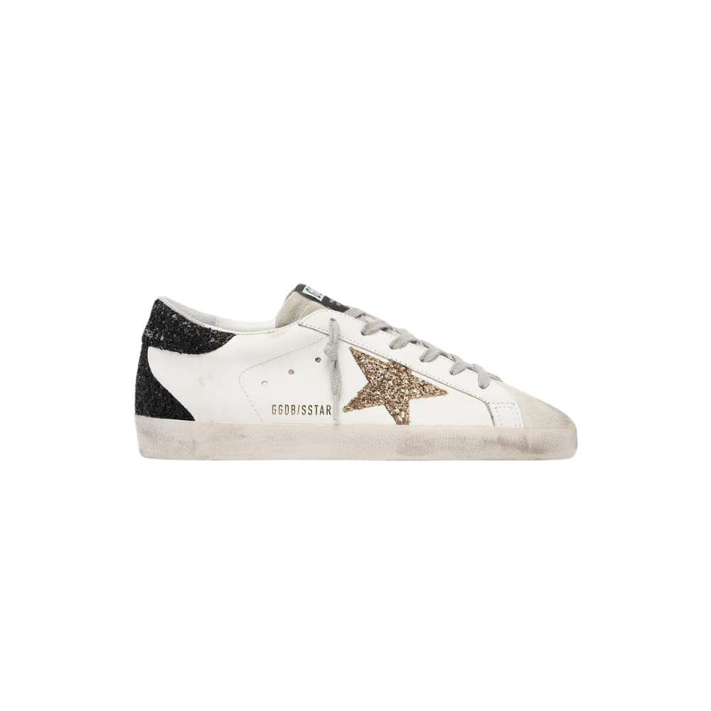 Golden Goose Super-Star Feminino de napa com estrela de glitter dourado e talão de glitter preto