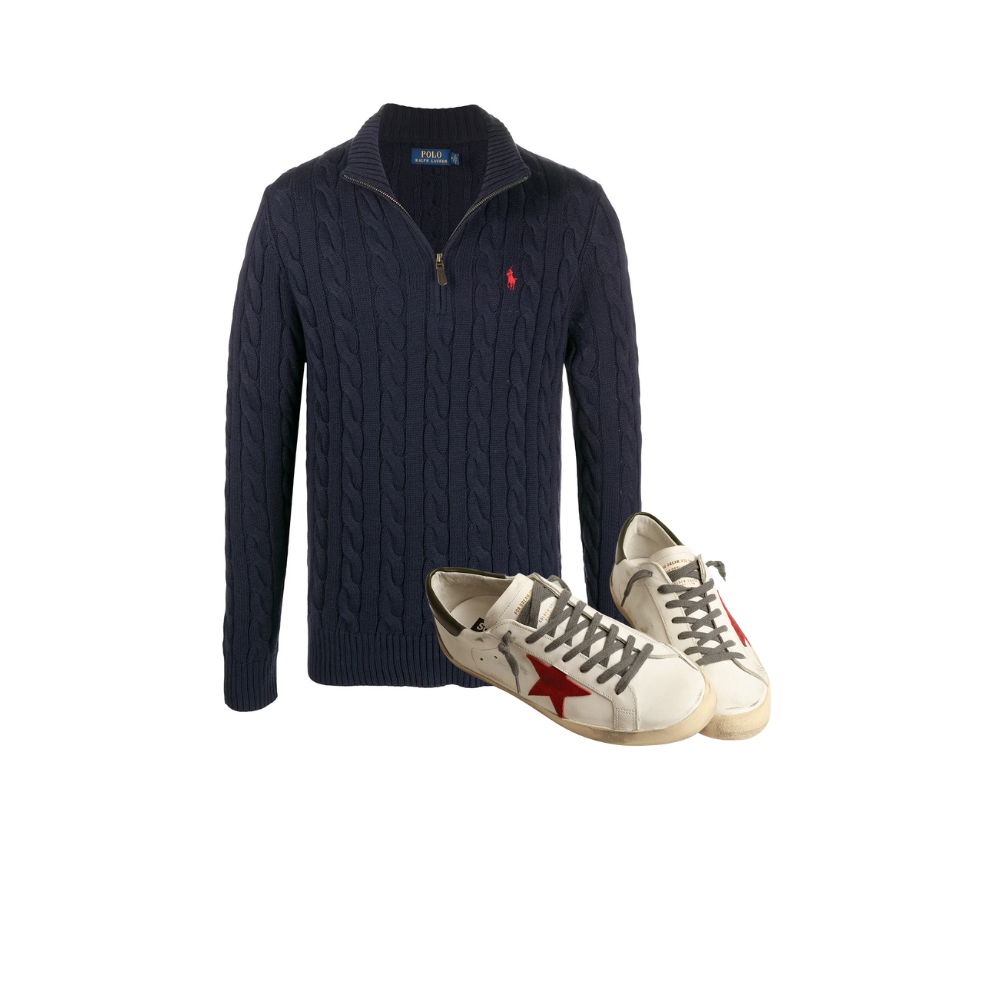 KIT Suéter Quarter-Zip Ralph Lauren Navy Blue + Golden Goose Super-Star talão vermelho