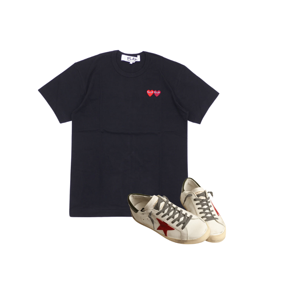 KIT Camisa CDG Play Double Hearts + Golden Goose Super-Star talão vermelho