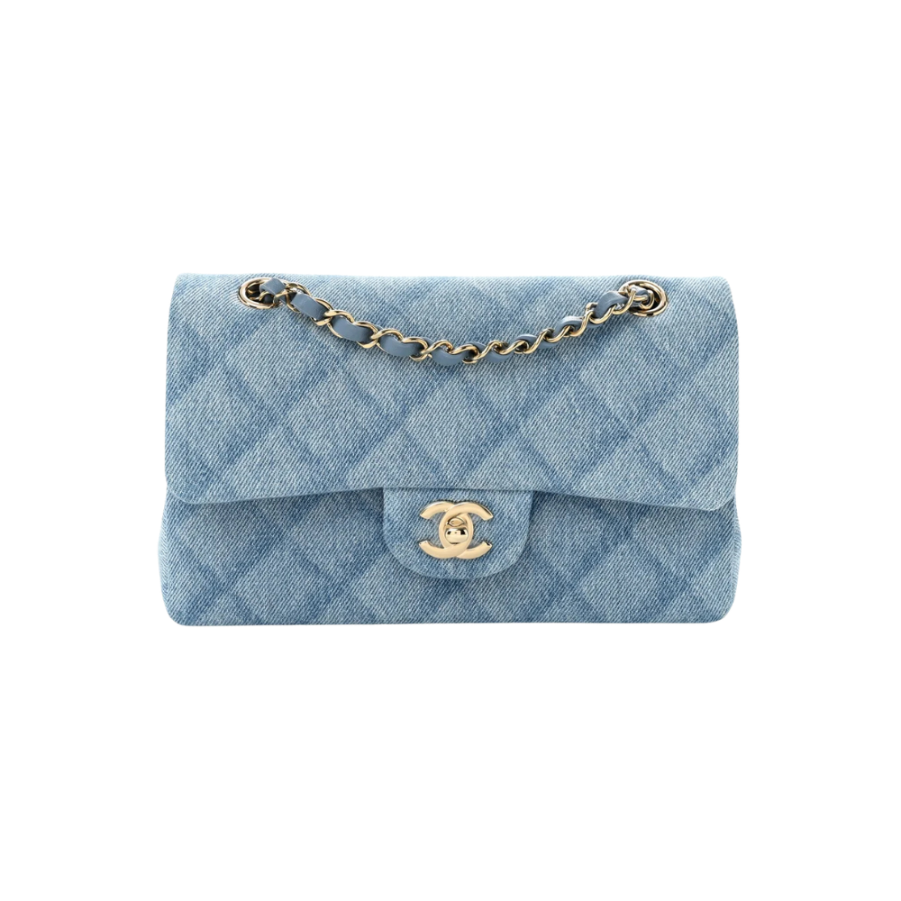 Bolsa Chanel Printed Denim Quilted Small Double Flap Light Blue