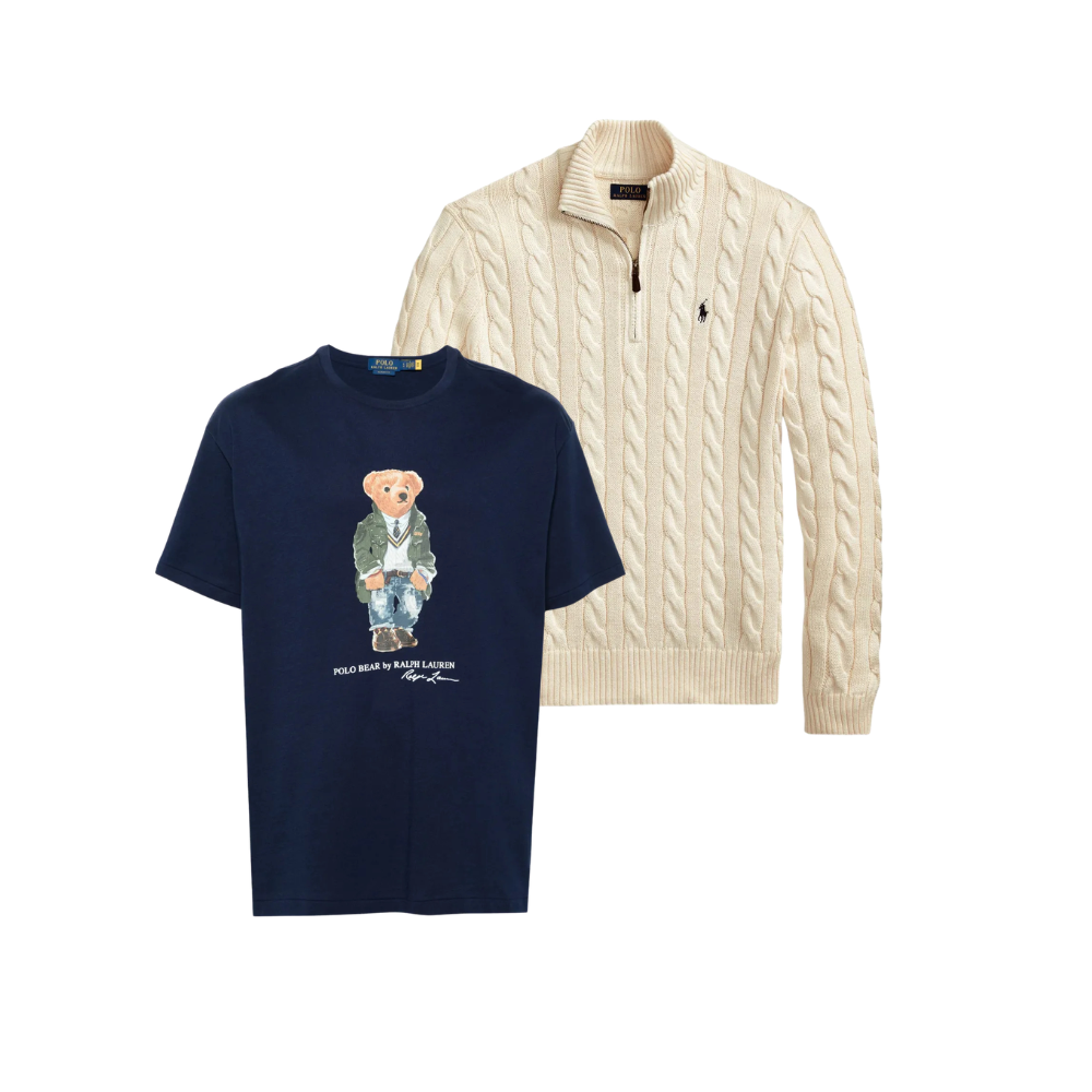 KIT Ralph Lauren Suéter Quarter-Zip Tricô Branca + Camisa Polo Bear Preta